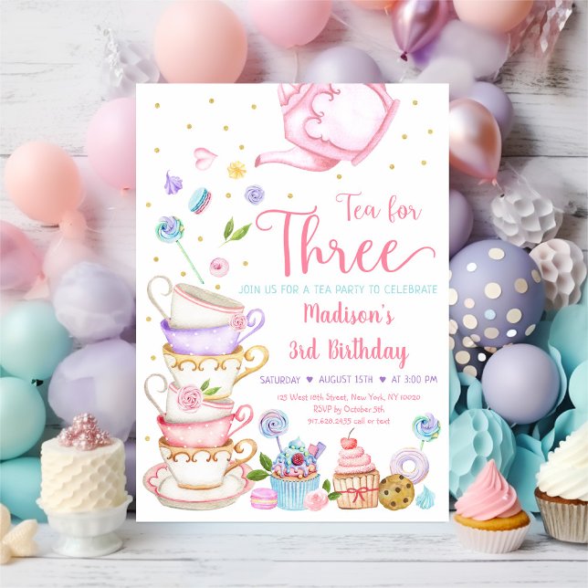 Tea For Three Pink Tea Party Birthday Invitation (Creator Uploaded)