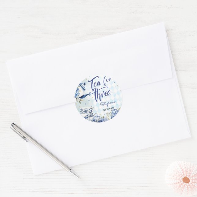 Tea for three, third birthday for kids classic round sticker (Envelope)