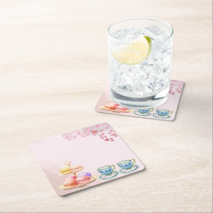 Tea for Twin Twin Baby Shower Square Paper Coaster