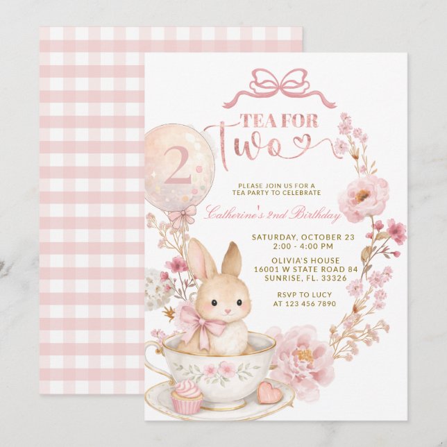 Tea for Two 2nd Birthday Bunny Spring Pink  Invitation (Front/Back)