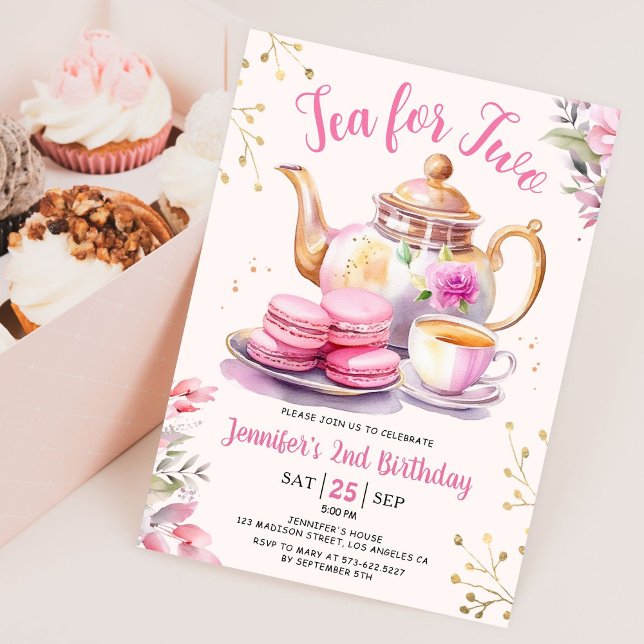 Tea For Two 2nd Birthday Girl Pink Tea Party Inv Invitation (Creator Uploaded)
