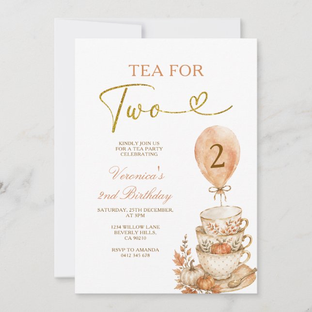 Tea for Two 2nd Birthday Pumpkin Fall Floral Invitation (Front)