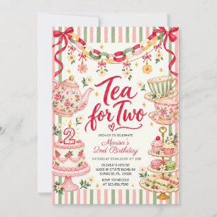 Tea for Two 2nd Birthday Red Pink Bow Floral Party Invitation