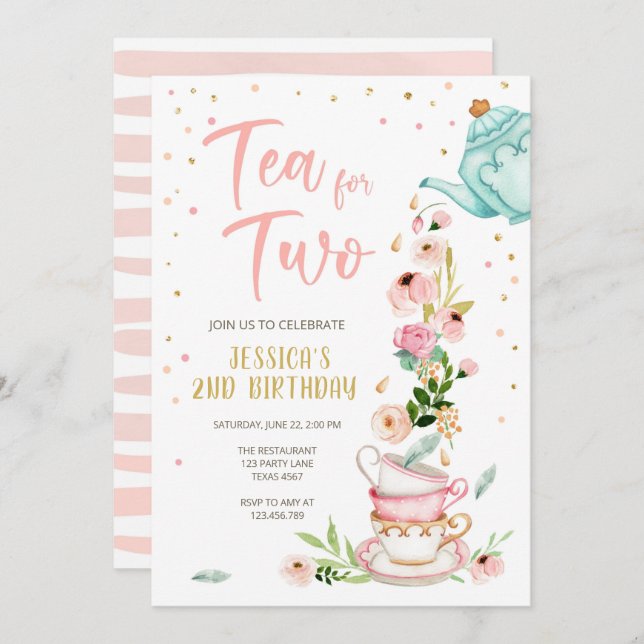 Tea for Two Birthday Invitation Floral Tea Party (Front/Back)