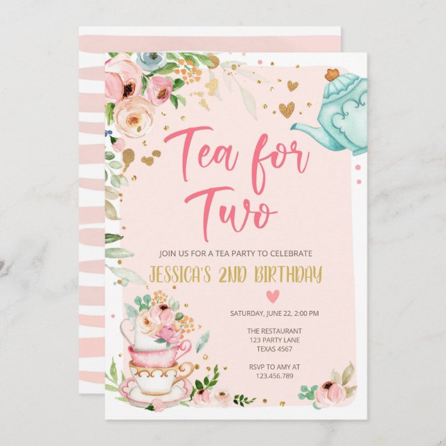 Tea for Two Birthday Invitation Floral Tea Party (Front/Back)