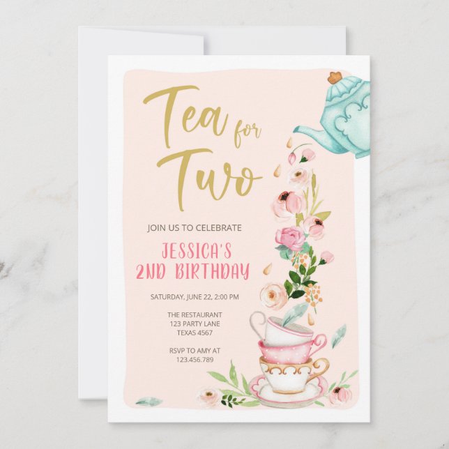 Tea for Two Birthday Invitation Floral Tea Party (Front)