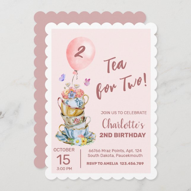 Tea For Two Birthday Party Pink Floral Tea Party  Invitation (Front/Back)