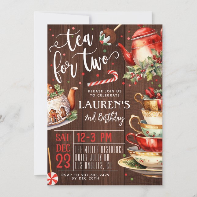Tea for Two Christmas 2nd Birthday Invitation (Front)