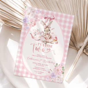 Tea For Two Easter Bunny Pink Gingham 2nd Birthday Invitation