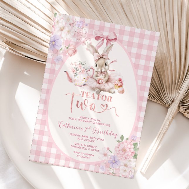 Tea For Two Easter Bunny Pink Gingham 2nd Birthday Invitation (Creator Uploaded)