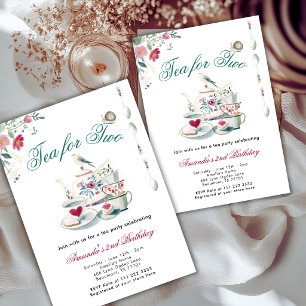 Tea For Two Floral Animals 2nd Birthday Party Invitation