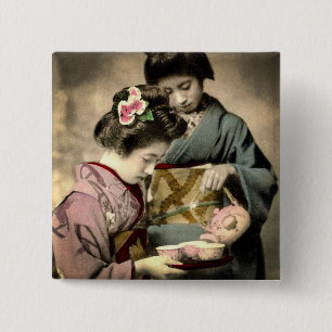 Tea for Two Geisha in Old Japan Vintage Japanese 15 Cm Square Badge
