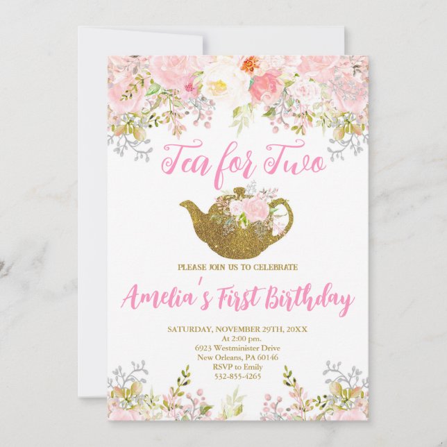 Tea For Two Invitation, Tea Party 2nd Birthday Invitation (Front)