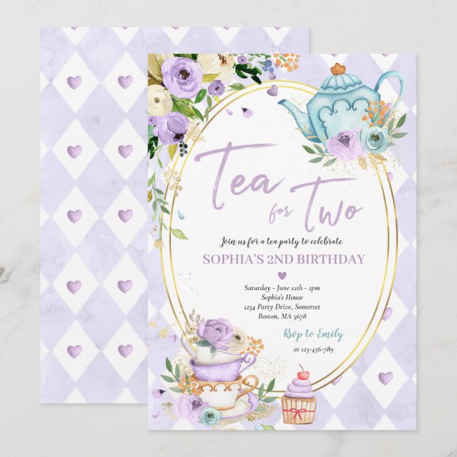 Tea For Two Lilac And Gold Floral Birthday Party Invitation (Front/Back)