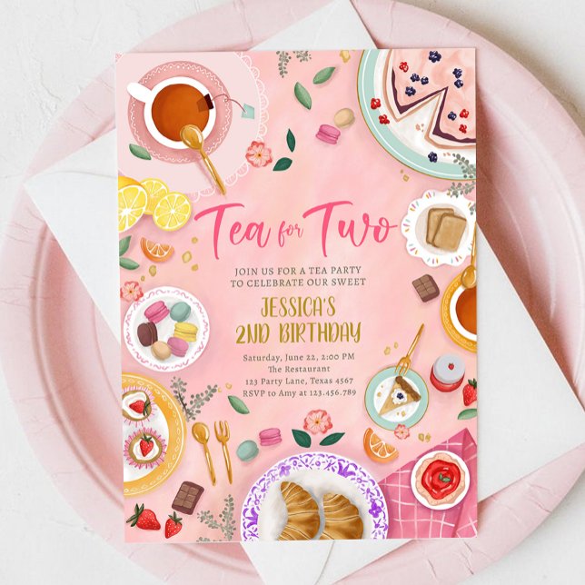Tea for Two Party Girl Pink Gold Second Birthday Invitation (Creator Uploaded)