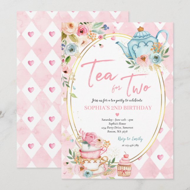 Tea For Two Pink And Gold Floral Birthday Party Invitation (Front/Back)