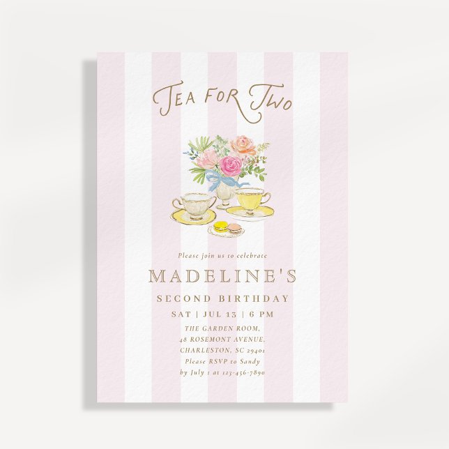 Tea for Two Pink Stripes Second Birthday Tea Party Invitation (Creator Uploaded)