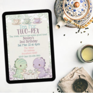 Tea for Two-Rex Pastel Dinosaur 2nd Birthday Invitation