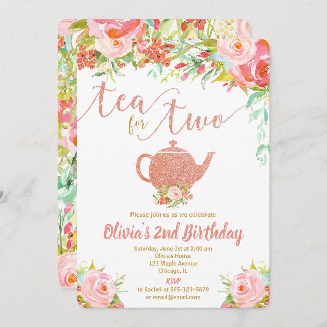 Tea for two rose gold birthday invitation girl (Front/Back)
