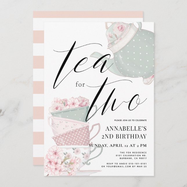 Tea for Two Tea Party 2nd Birthday Invitation (Front/Back)