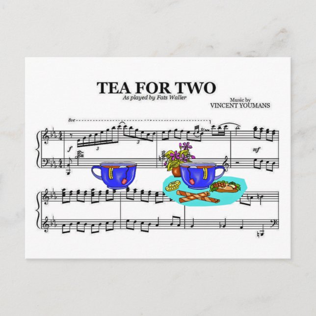 Tea For Two Teacups ~ Sheet Music Background Postcard (Front)