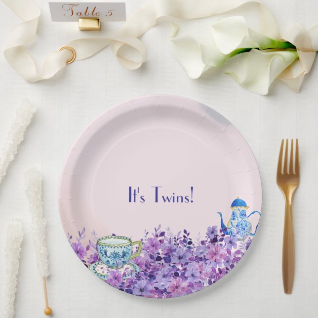 Tea for Two Twins Baby Shower Paper Plate (Wedding)