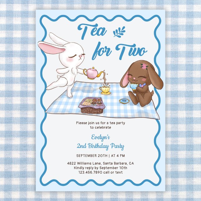 Tea for Two Year Old Animal Tea Party 2nd Birthday Invitation (Tea Party 2nd Birthday Invitation Cute Bunny Picnic Theme for Toddler Girl)