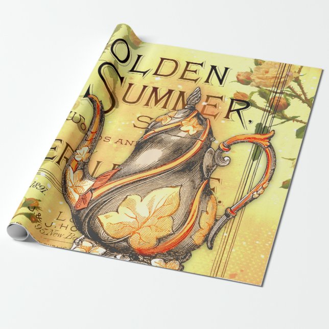 Tea Golden Summer Ephemera Decoupage  Wrapping Pap Wrapping Paper (Unrolled)