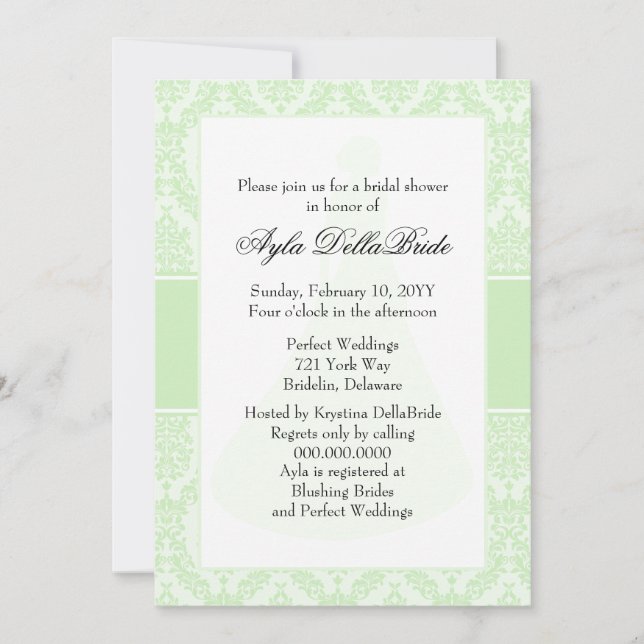 Tea Green Damask Bridal Shower Invitation (Front)