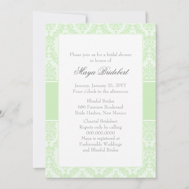 Tea Green Damask Bridal Shower Invitation (Front)