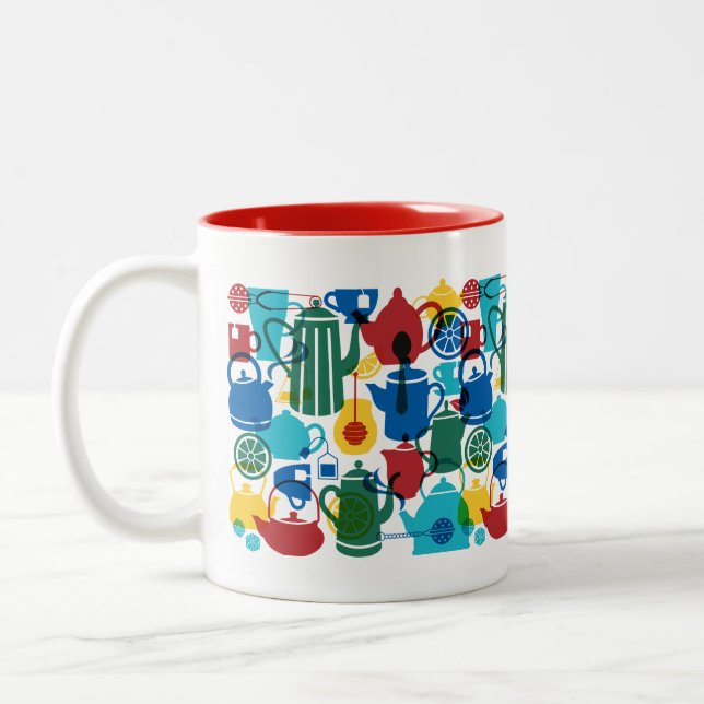 Tea Items Pattern in Fiesta Colours and Red Inside Two-Tone Coffee Mug (Left)