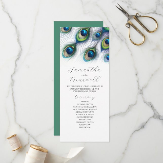 Tea Length Wedding Program Template Peacock (Front/Back In Situ)