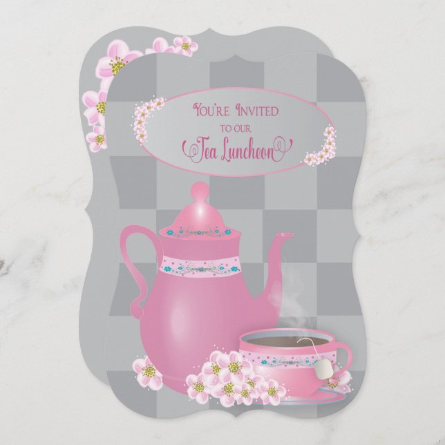 Tea Luncheon, Teapot & Teacup  Ladies, Pink & Grey Invitation (Front/Back)