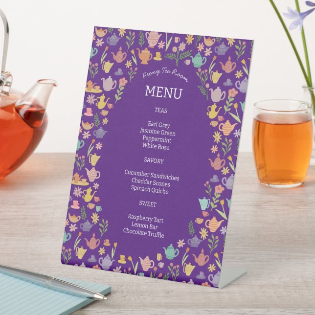 Tea Menu Cute Colourful CUSTOM Pedestal Sign (In SItu)