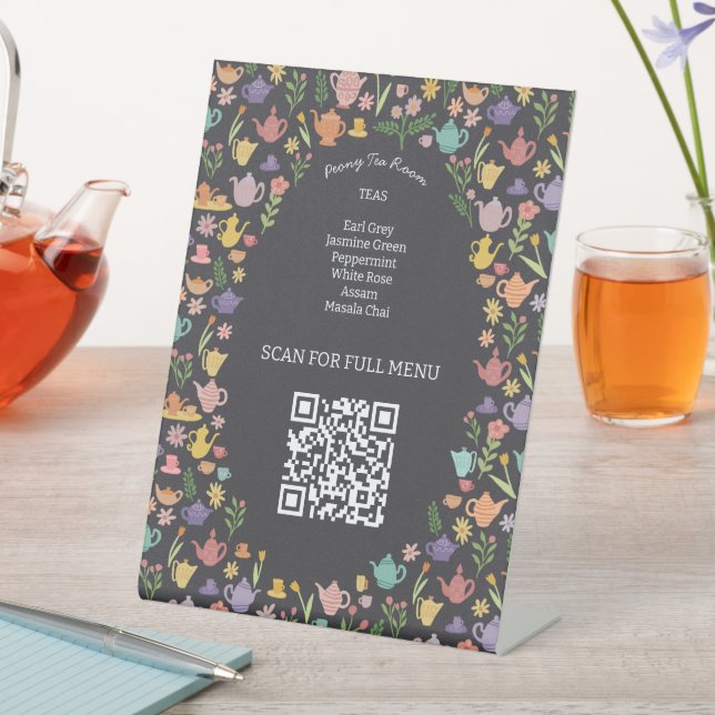Tea Menu Cute Colourful CUSTOM QR code Pedestal Sign (In SItu)