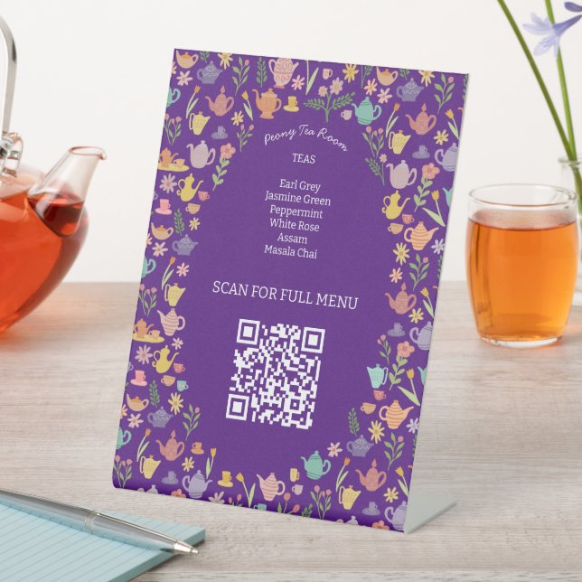 Tea Menu Cute Colourful CUSTOM QR code Pedestal Sign (In SItu)