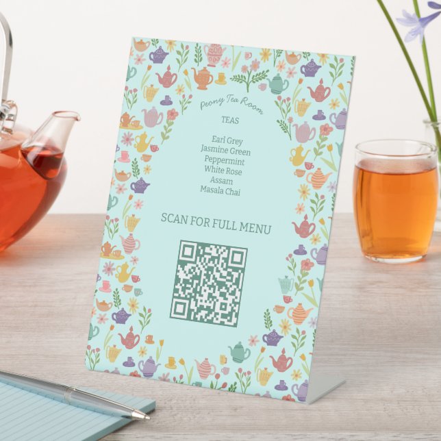 Tea Menu Cute Colourful CUSTOM QR code Pedestal Sign (In SItu)