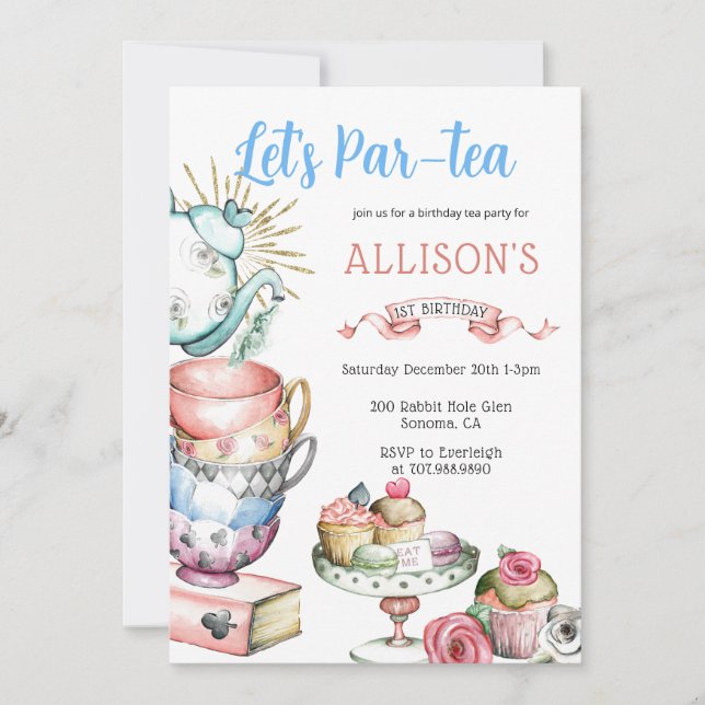 Tea Par-tea Birthday Party Girl Pink Blue Gold Invitation (Front)