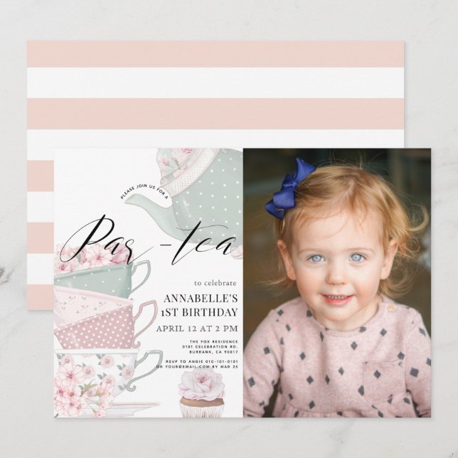 Tea Par-tea Floral Teapot Pink1st Birthday Photo Invitation (Front/Back)