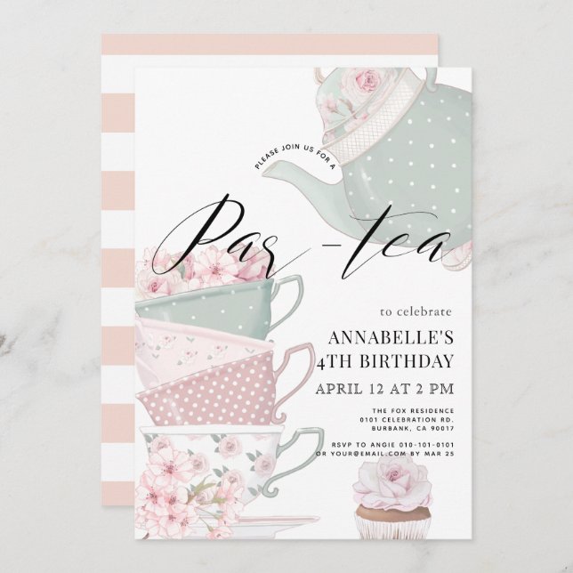 Tea Par-tea Floral Teapot Pink Birthday Invitation (Front/Back)