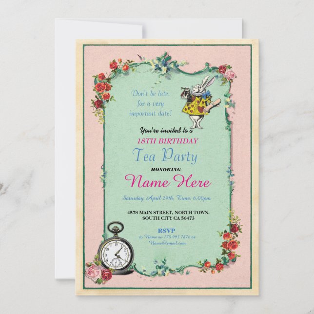 Tea Party 18th Birthday Alice in Wonderland Invite (Front)