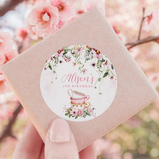 Tea Party 2nd Birthday Invitation  Classic Round Sticker (Creator Uploaded)