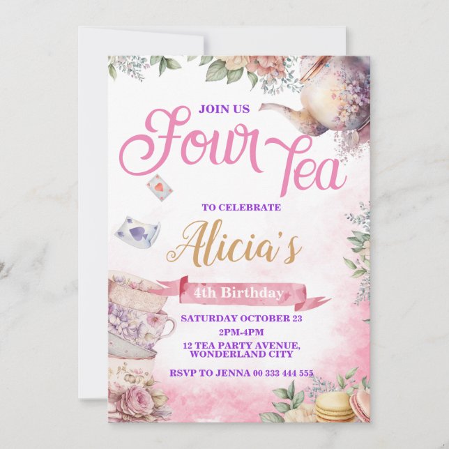 Tea Party 4th Birthday, Tea Time Party  Invitation (Front)