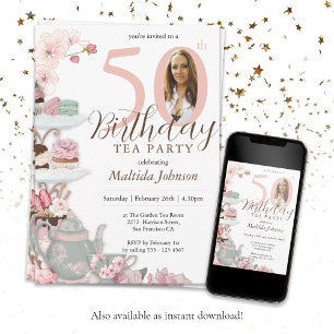 Tea Party 50th Birthday Floral Pink Custom Photo  Invitation