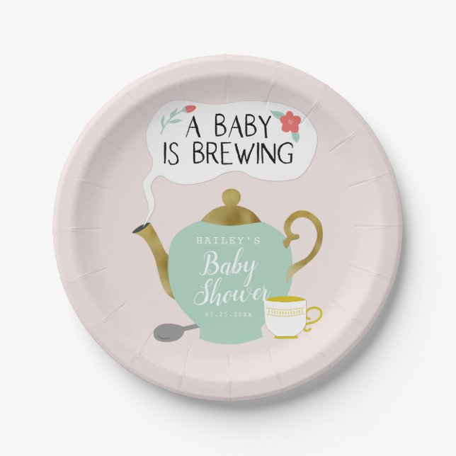 Tea Party Baby Shower | Baby Is Brewing Paper Plate (Front)