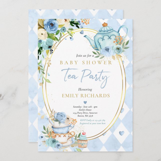 Tea Party Baby Shower Boy Blue Roses Baby Brewing Invitation (Front/Back)