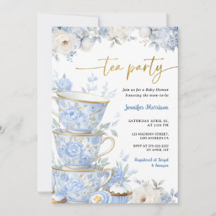 Tea Party Baby Shower Boy Dusty Blue Floral Invitation