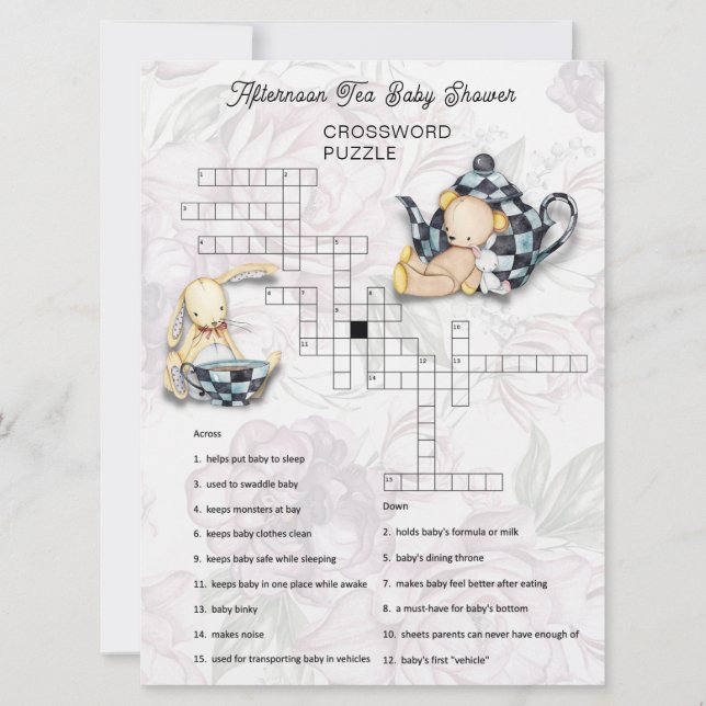 Tea Party Baby Shower Crossword Puzzle Card (Front)