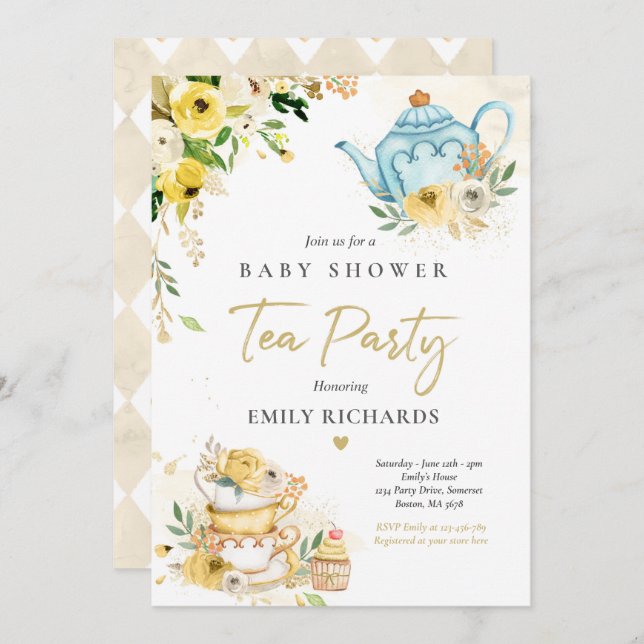 Tea Party Baby Shower Gender Neutral Baby Brewing Invitation (Front/Back)