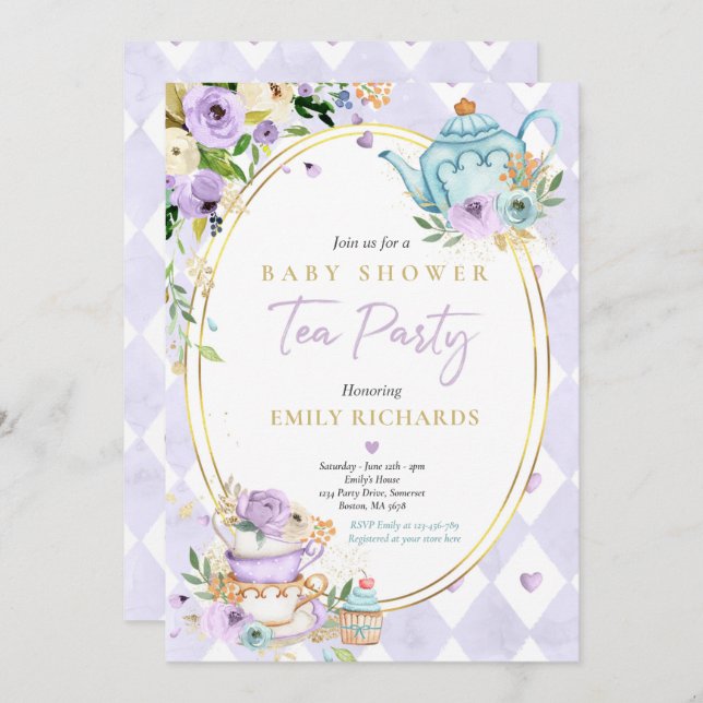 Tea Party Baby Shower Girl Lilac Rose Baby Brewing Invitation (Front/Back)